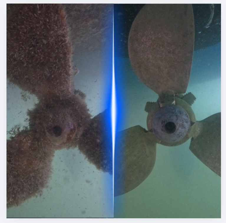 Propeller and shaft before and after cleaning
